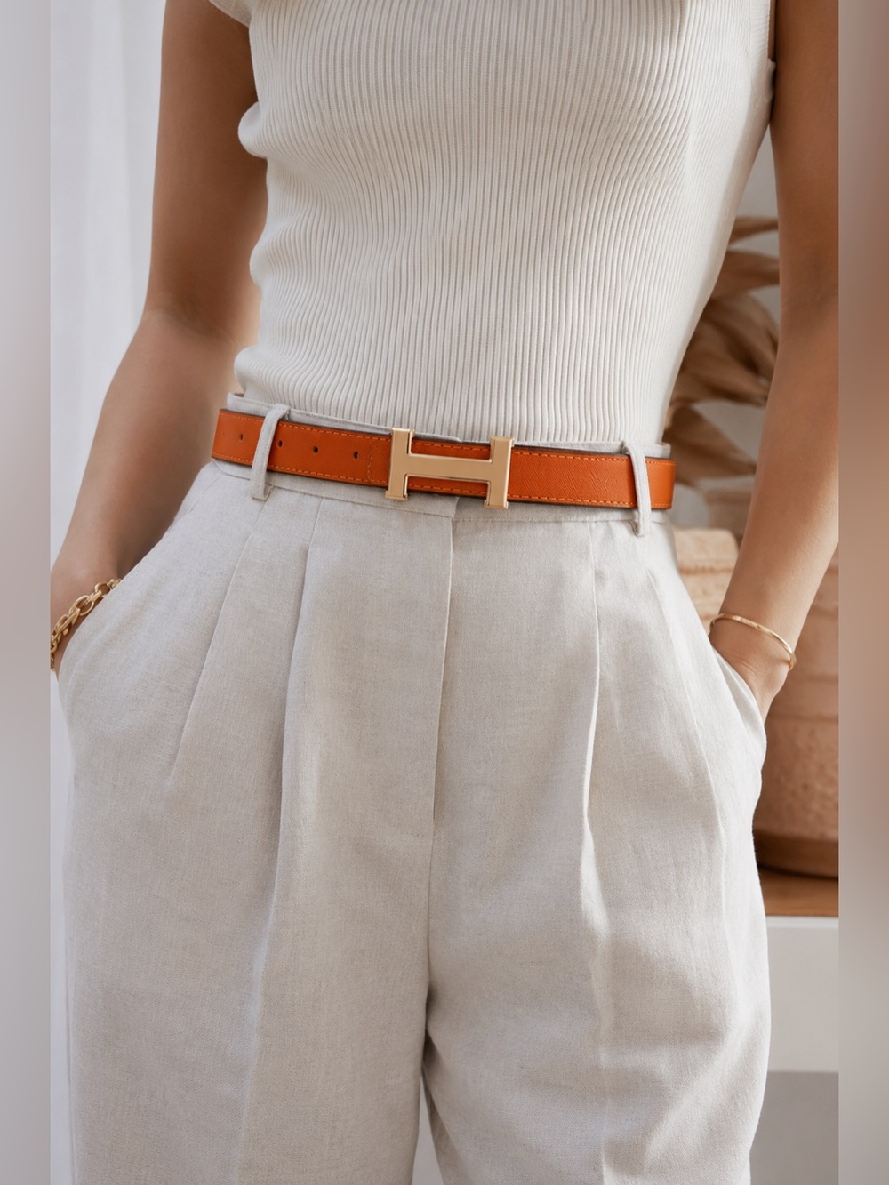 Size 110-women’s designer inspired H Buckle Reversible Leather Belt in Orange
